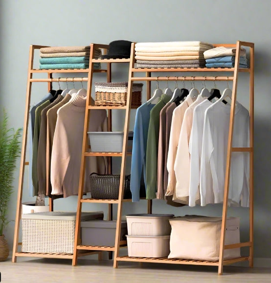 Bamboo Garment Rack with 2 Hanging Rods & 5 Tier Storage Shelves – Natural Wood Finish