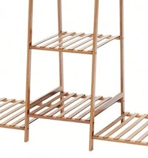 Bamboo Garment Rack with 2 Hanging Rods & 5 Tier Storage Shelves – Natural Wood Finish