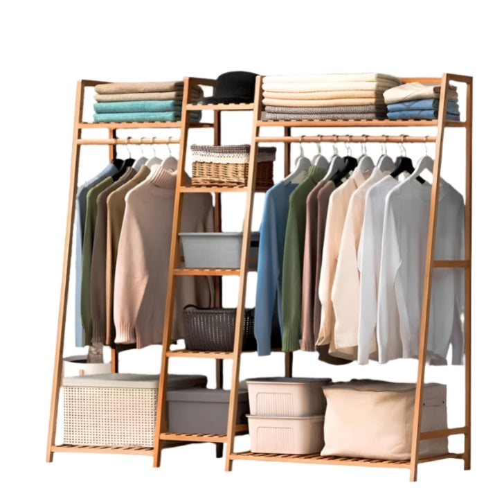 Bamboo Garment Rack with 2 Hanging Rods & 5 Tier Storage Shelves – Natural Wood Finish