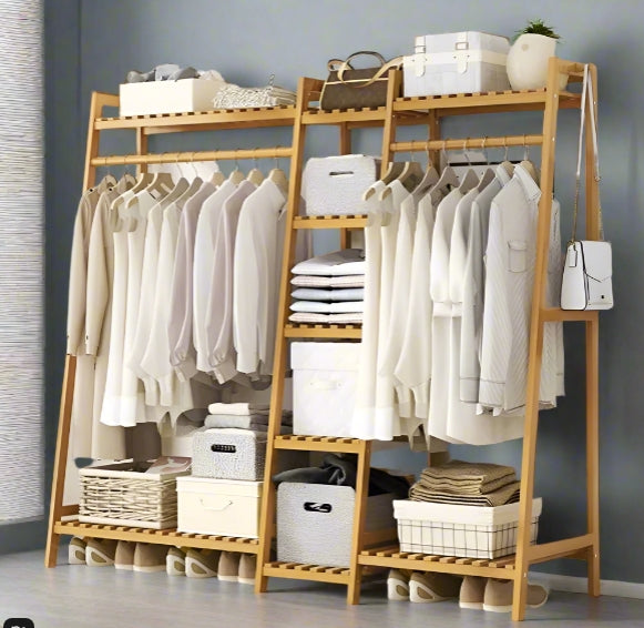 Bamboo Garment Rack with 2 Hanging Rods & 5 Tier Storage Shelves – Natural Wood Finish