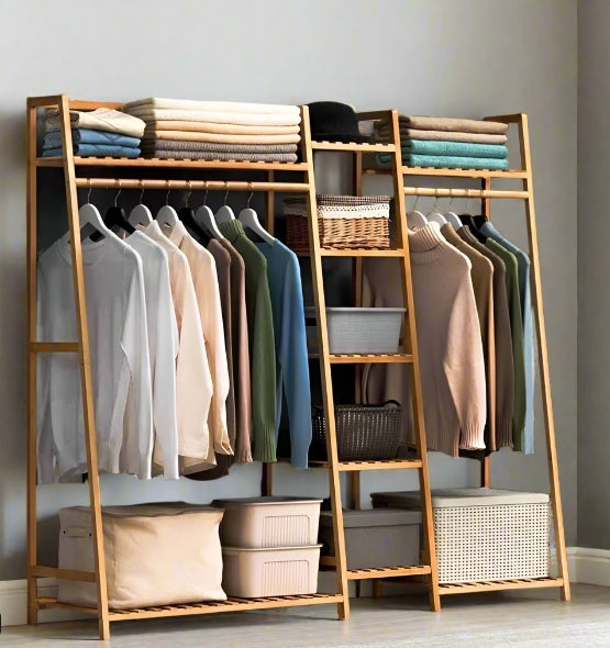 Natural bamboo garment rack with two hanging rods and five tier storage shelves