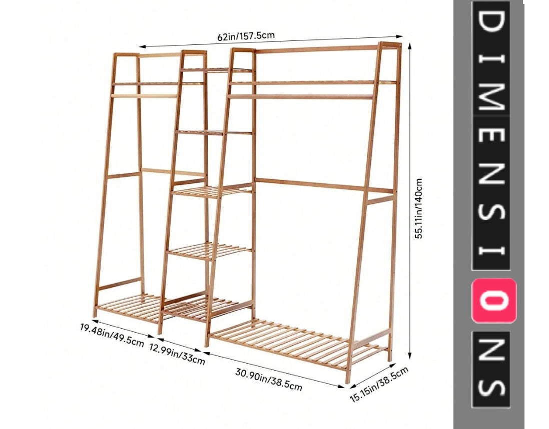 Bamboo Garment Rack with 2 Hanging Rods & 5 Tier Storage Shelves – Natural Wood Finish