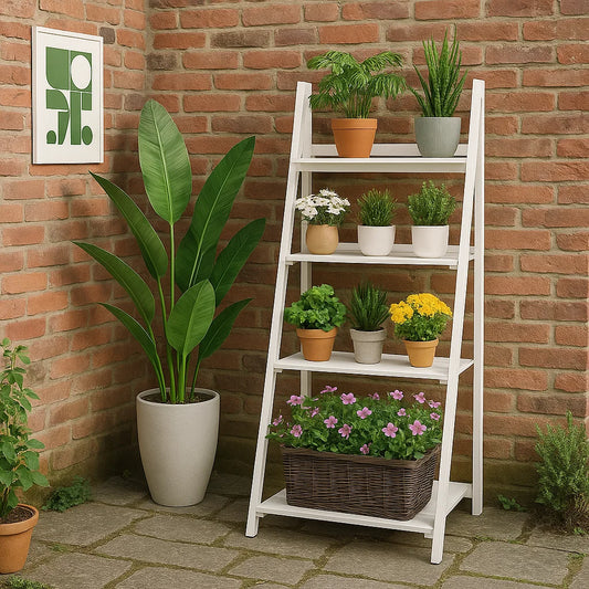 4-tier white wooden ladder plant stand with foldable design for indoor and outdoor use