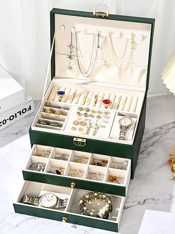 Large 3 Layer Green Jewelry Box Organizer with Lock Necklace Storage Cabinet