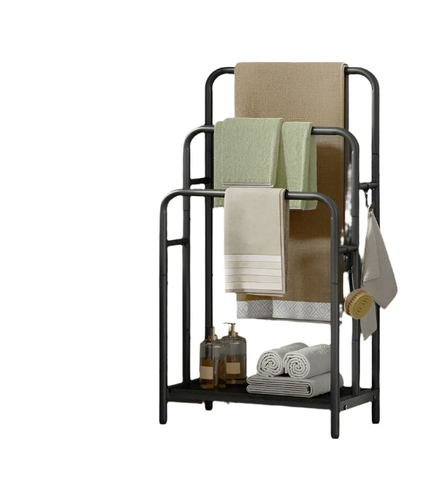 Freestanding 3-Bar Towel Rack with Hooks & Storage Shelf, Ink Black, 50x30x100 cm