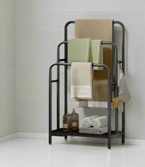 Freestanding 3-Bar Towel Rack with Hooks & Storage Shelf, Ink Black, 50x30x100 cm