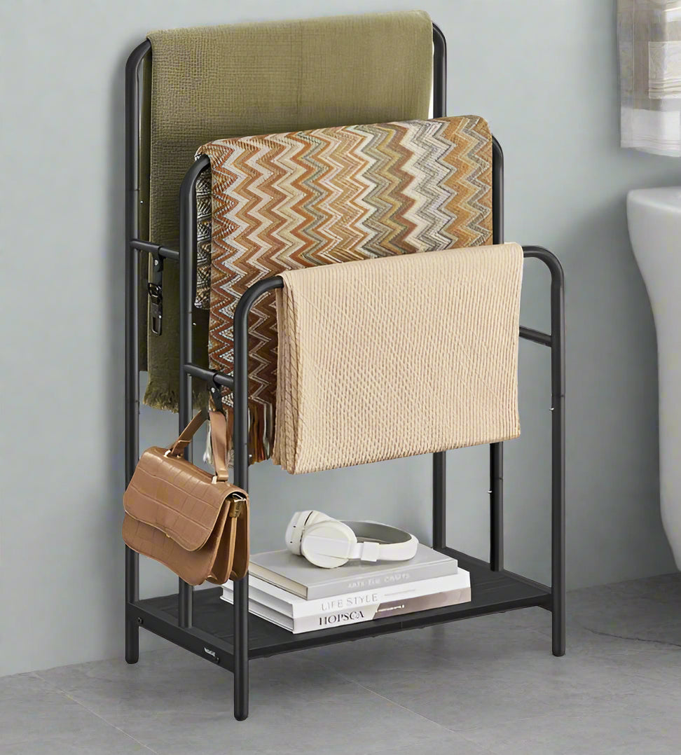 Bathroom towel holder with 2 hooks and bottom storage shelf