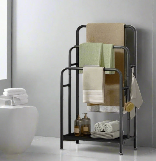 Freestanding 3-Bar Towel Rack with Hooks & Storage Shelf, Ink Black, 50x30x100 cm