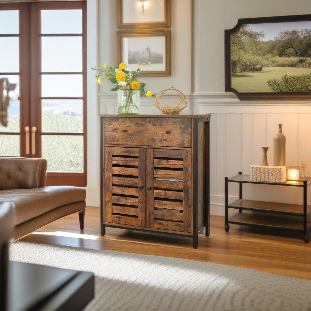 Rustic Floor Cabinet with Drawer & Louvered Doors – Freestanding Storage Unit for Hallway or Bedroom