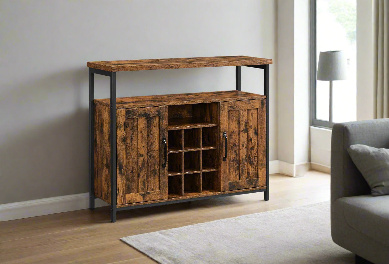 Rustic brown and black sideboard buffet table with wine holder and storage cupboard in modern kitchen