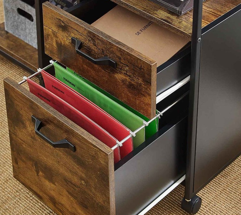 Industrial Mobile Filing Cabinet with Drawer & Wheels – Rustic Brown & Black Office Storage