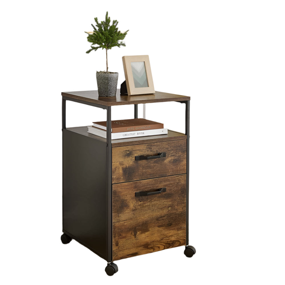 Industrial Mobile Filing Cabinet with Drawer & Wheels – Rustic Brown & Black Office Storage