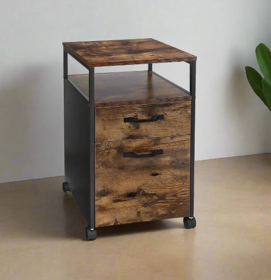 Industrial Mobile Filing Cabinet with Drawer & Wheels – Rustic Brown & Black Office Storage