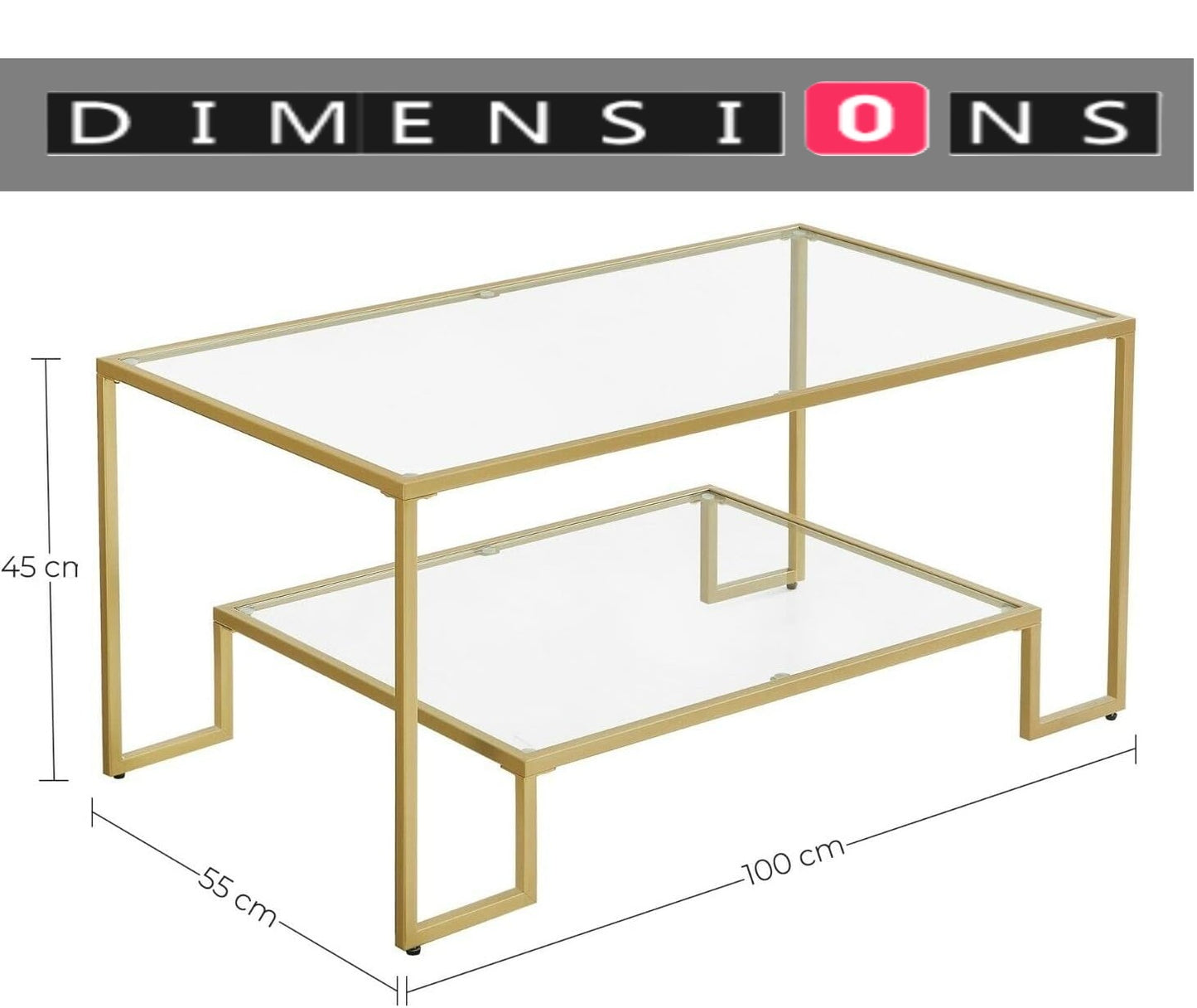 Modern Glass Coffee Table with Storage – Gold Steel Frame, Tempered Glass Shelves