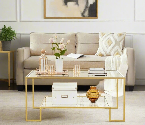 Modern Glass Coffee Table with Storage – Gold Steel Frame, Tempered Glass Shelves