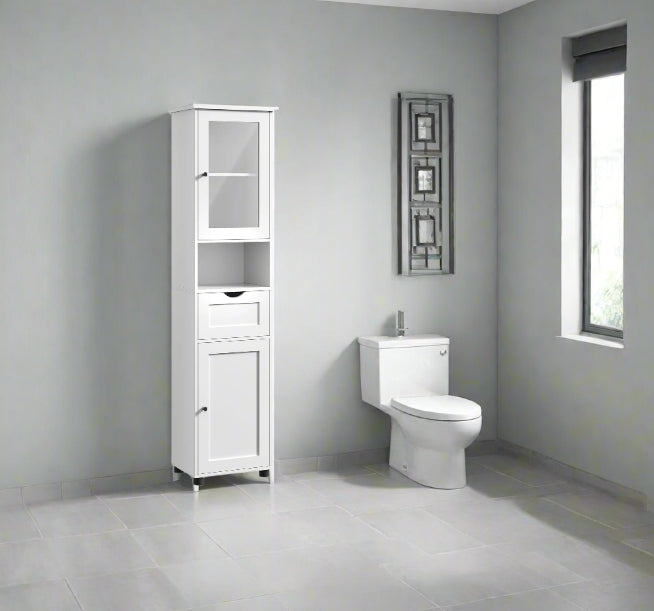 Free-Standing Tall Bathroom Cabinet with Drawer, Glass Door & Open Shelf - Cloud White