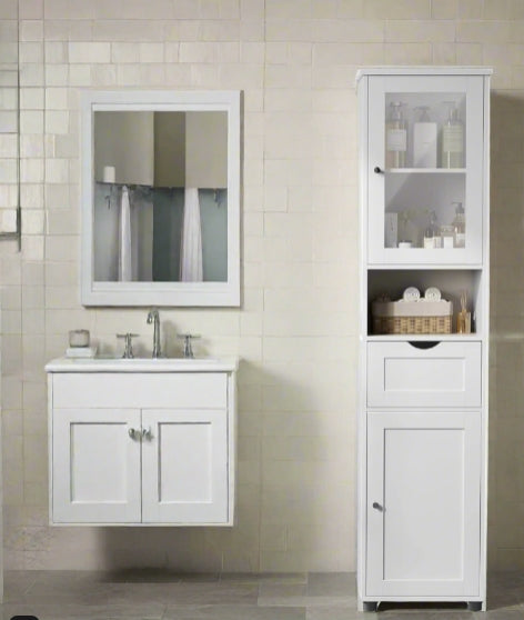 Tall cloud white bathroom cabinet with drawer, glass door, and open shelf – ideal for modern bathrooms