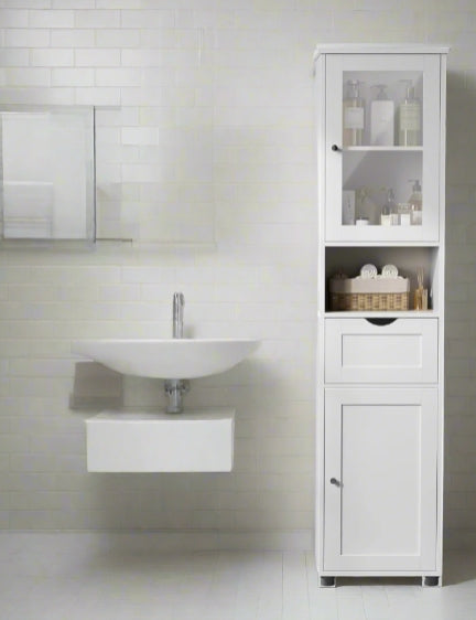 Free-Standing Tall Bathroom Cabinet with Drawer, Glass Door & Open Shelf - Cloud White