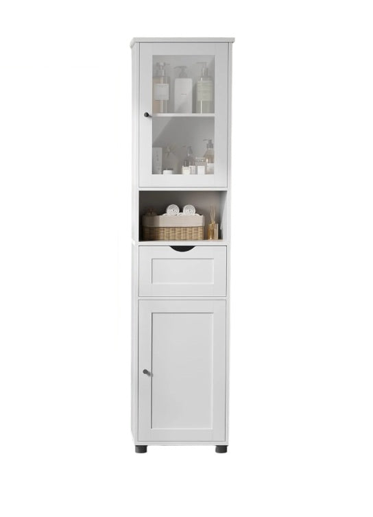 Free-Standing Tall Bathroom Cabinet with Drawer, Glass Door & Open Shelf - Cloud White