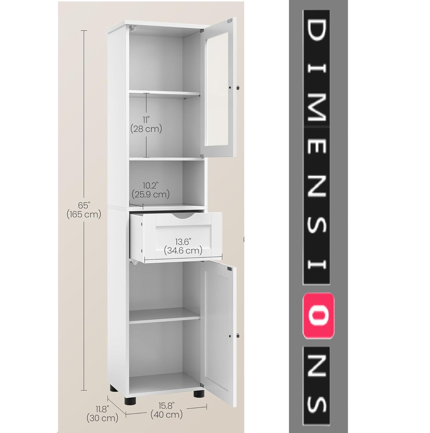 Free-Standing Tall Bathroom Cabinet with Drawer, Glass Door & Open Shelf - Cloud White