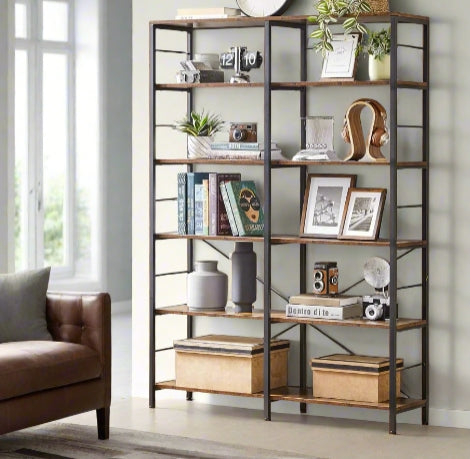 6-tier rustic brown and black industrial bookshelf with wide shelves, ideal for living room or study storage