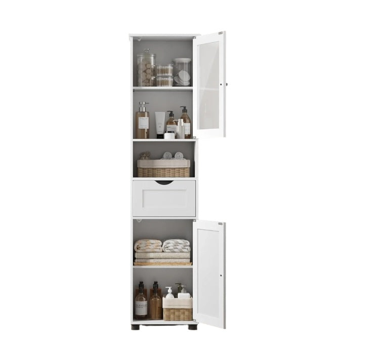 Free-Standing Tall Bathroom Cabinet with Drawer, Glass Door & Open Shelf - Cloud White