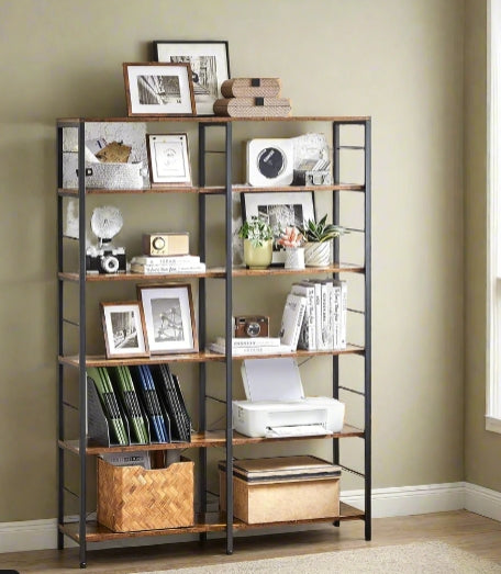 6-Tier Industrial Bookshelf with Steel Frame – Rustic Brown & Ink Black Tall Storage Shelf, 120 cm Wide