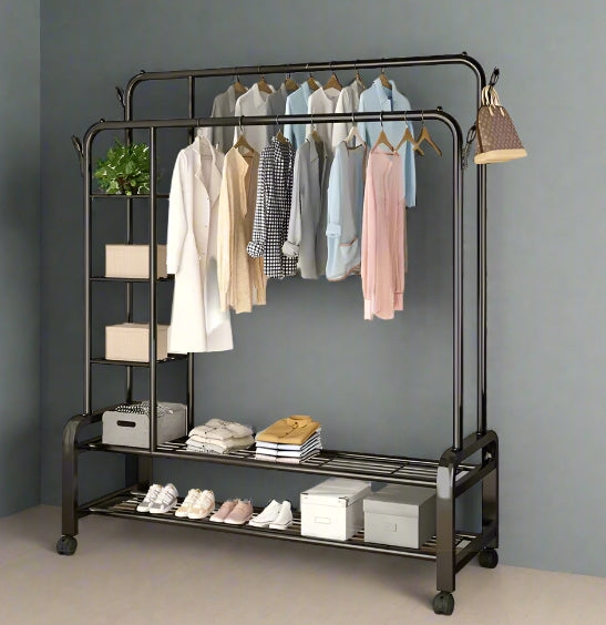 Black Heavy Duty Double Clothes Rail with Wheels – Garment Hanging Rack & Storage Shelf
