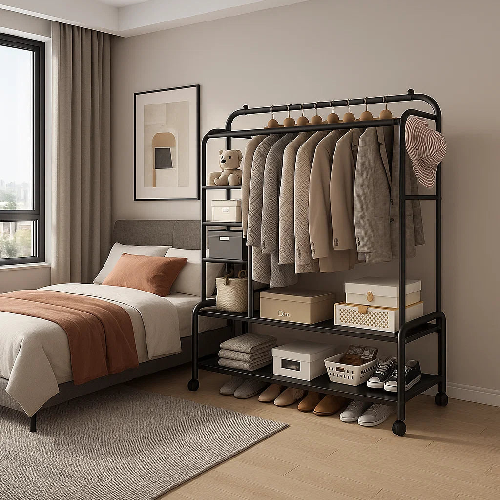 Black heavy-duty metal clothes rail with wheels and double hanging bars for garment storage