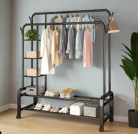 Black Heavy Duty Double Clothes Rail with Wheels – Garment Hanging Rack & Storage Shelf