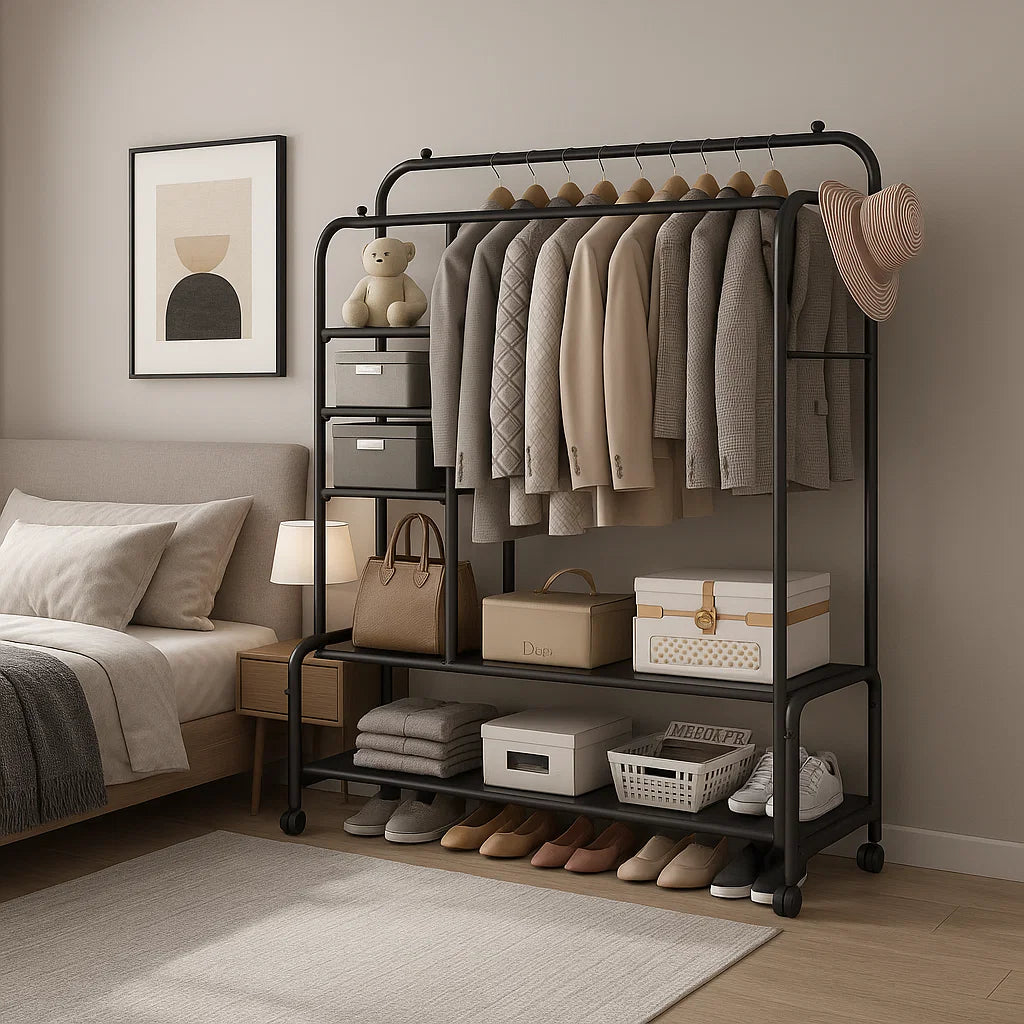 Black Heavy Duty Double Clothes Rail with Wheels – Garment Hanging Rack & Storage Shelf