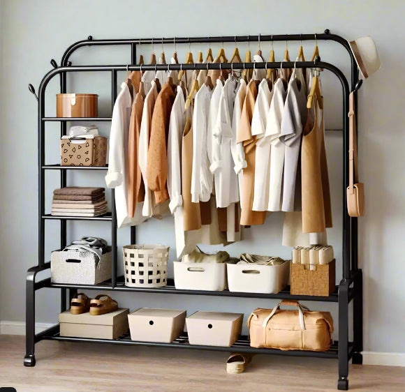 Black Heavy Duty Double Clothes Rail with Wheels – Garment Hanging Rack & Storage Shelf