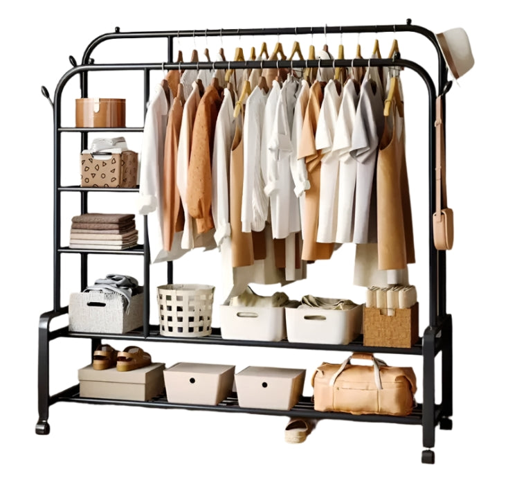 Black Heavy Duty Double Clothes Rail with Wheels – Garment Hanging Rack & Storage Shelf