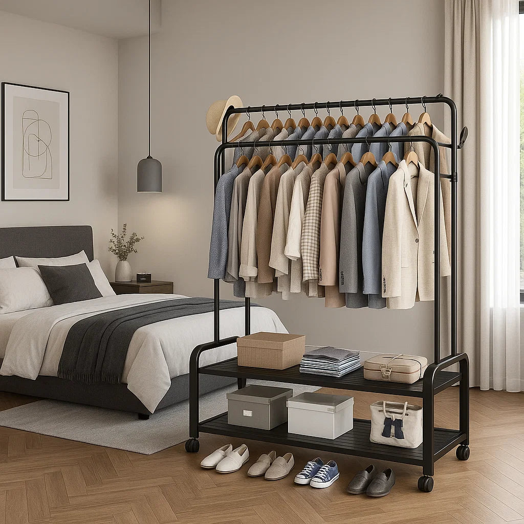 Black Heavy Duty Double Rail Clothes Rack – Garment Hanging Stand with Wheels