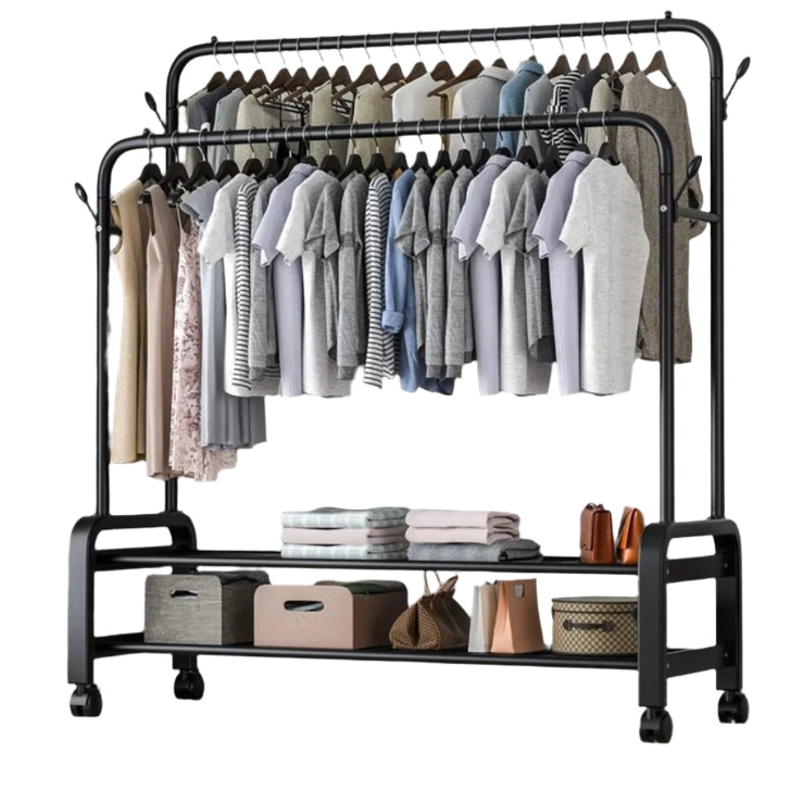 Black Heavy Duty Double Rail Clothes Rack – Garment Hanging Stand with Wheels