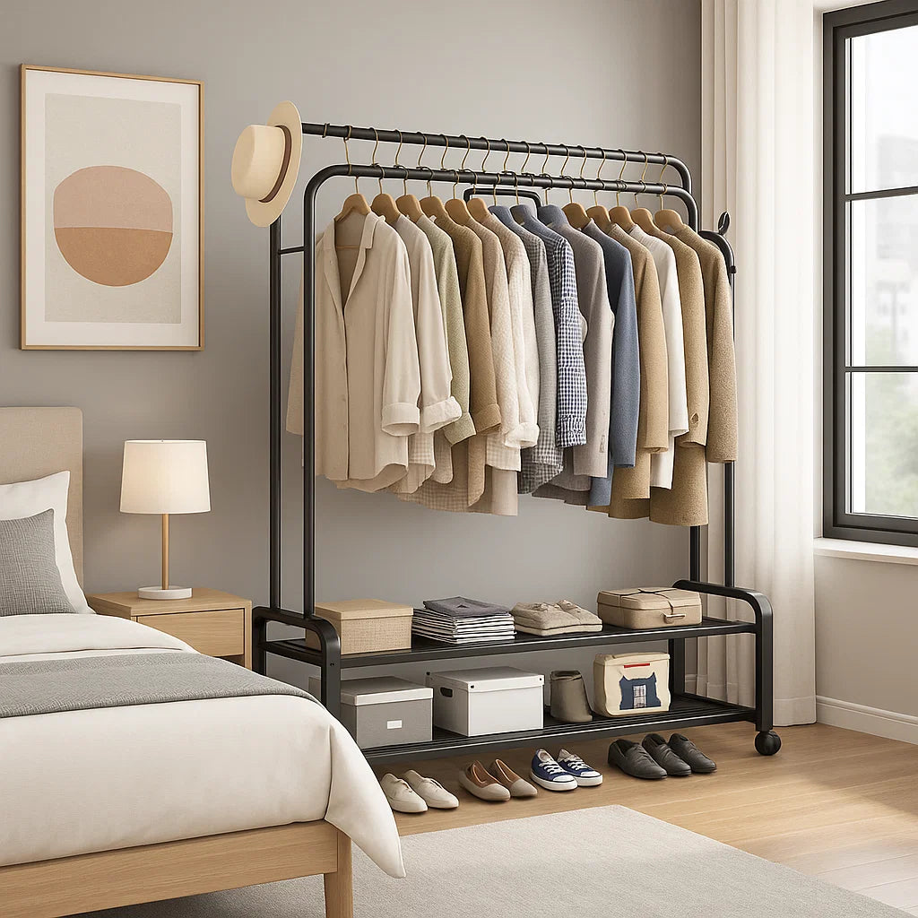 Black Heavy Duty Double Rail Clothes Rack – Garment Hanging Stand with Wheels