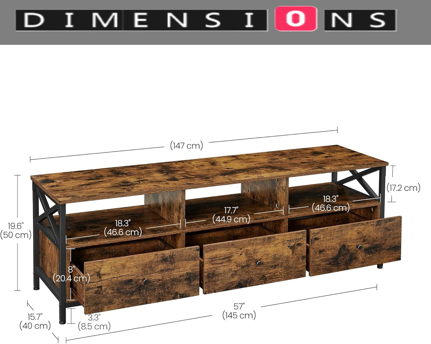 Industrial TV Stand for up to 65-Inch TV – Media Console with 3 Drawers & 3 Open Shelves