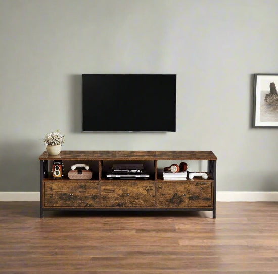Industrial TV stand with drawers and shelves for 65-inch TVs, rustic brown wood and black metal frame