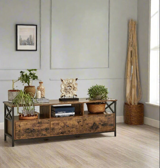 Industrial TV Stand for up to 65-Inch TV – Media Console with 3 Drawers & 3 Open Shelves