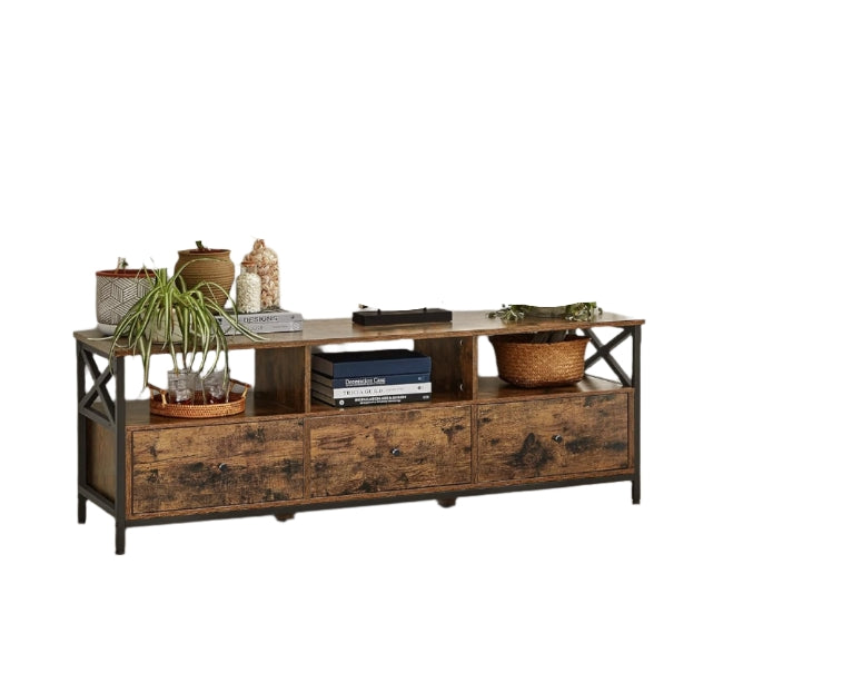 Industrial TV Stand for up to 65-Inch TV – Media Console with 3 Drawers & 3 Open Shelves