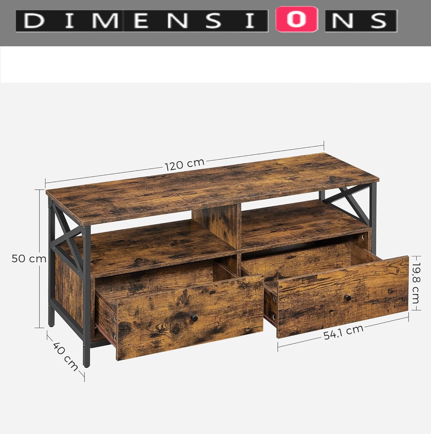 Industrial TV Stand for 55-Inch TV – Cabinet with 2 Drawers & Open Storage Shelves