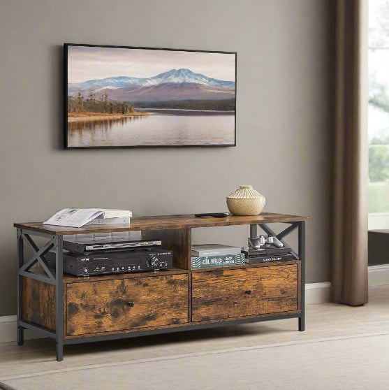 Industrial TV Stand for 55-Inch TV – Cabinet with 2 Drawers & Open Storage Shelves