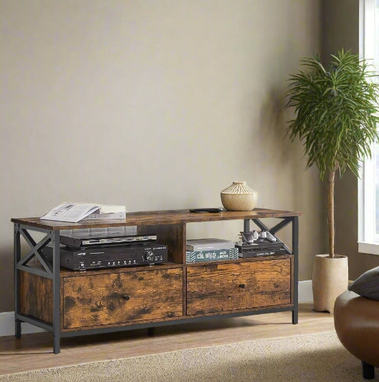 Industrial TV Stand for 55-Inch TV – Cabinet with 2 Drawers & Open Storage Shelves