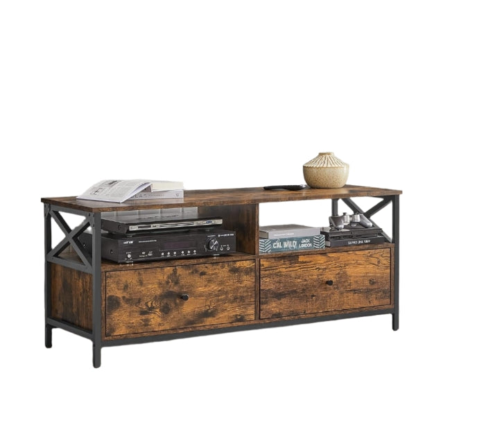 Industrial TV Stand for 55-Inch TV – Cabinet with 2 Drawers & Open Storage Shelves