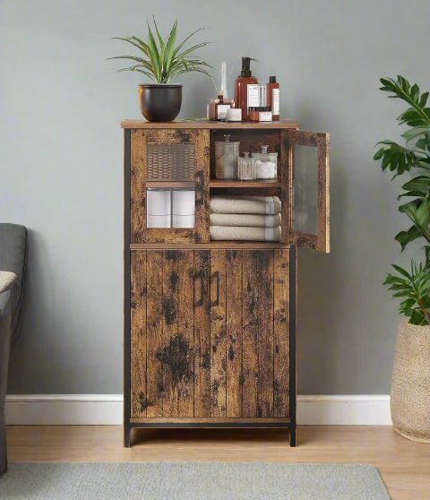 Industrial Storage Cabinet with Glass Doors & Adjustable Shelf – Rustic Brown & Black