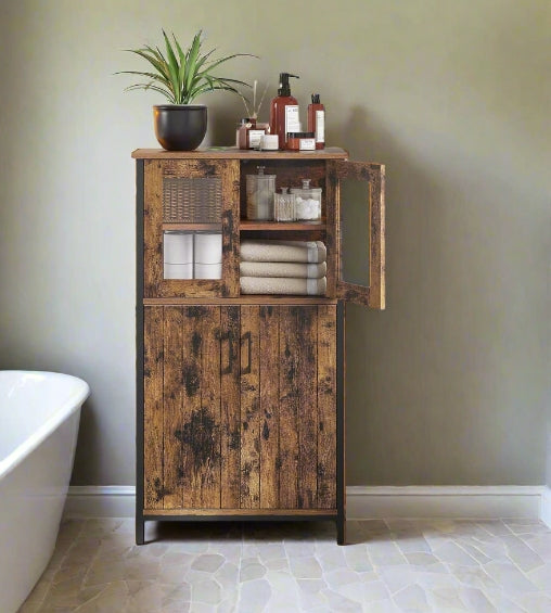 Industrial Storage Cabinet with Glass Doors & Adjustable Shelf – Rustic Brown & Black