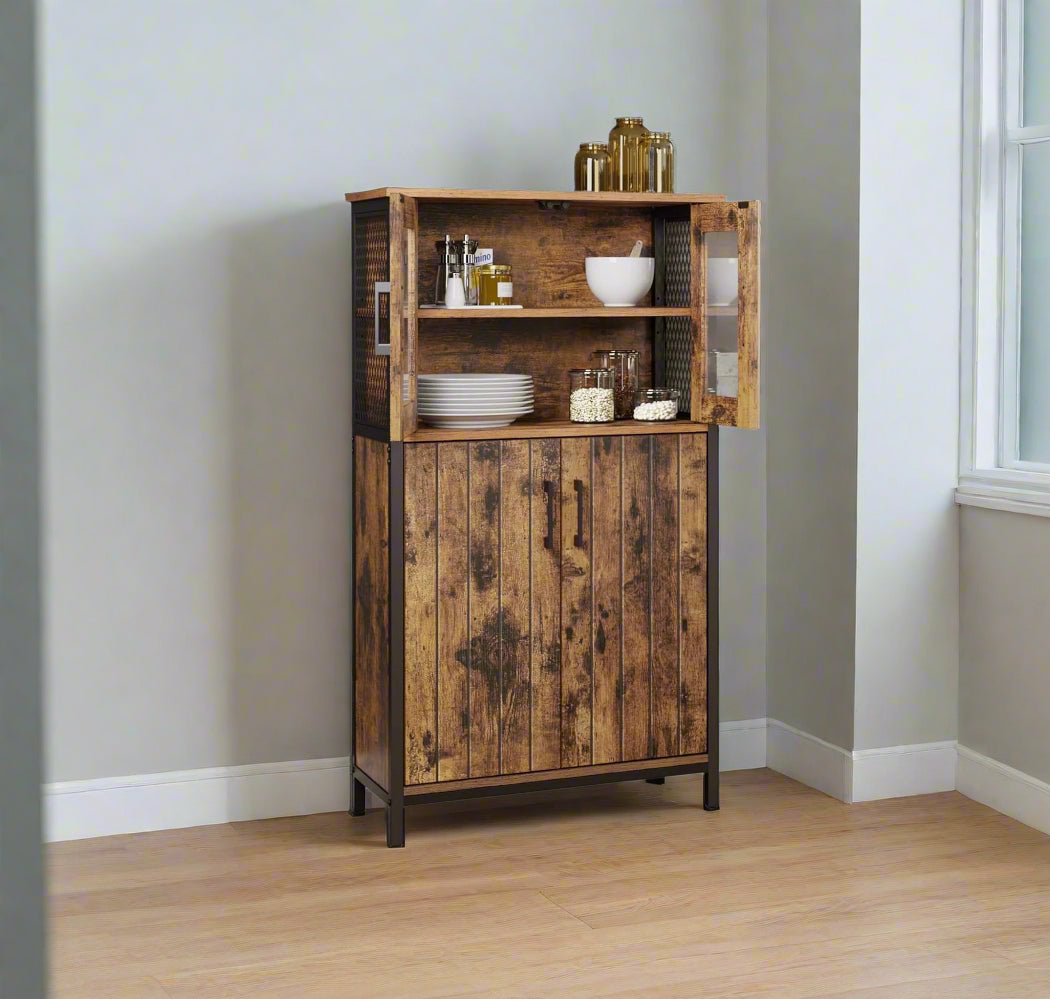 Industrial Storage Cabinet with Glass Doors & Adjustable Shelf – Rustic Brown & Black