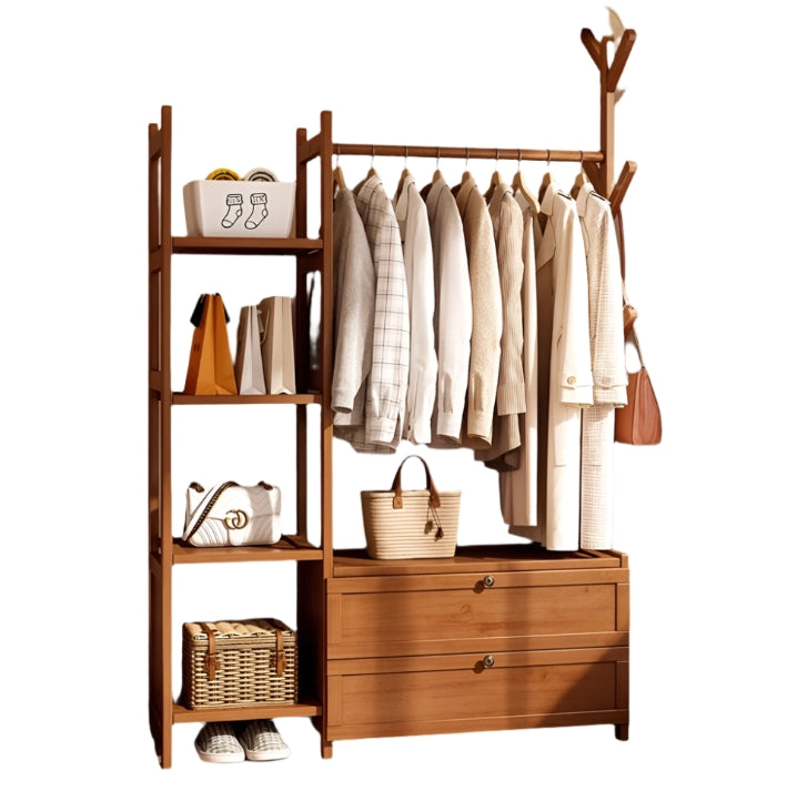 Large Heavy Duty Bamboo Clothes Rail Rack with Drawers & Hooks – Open Corner Garment Stand Wardrobe