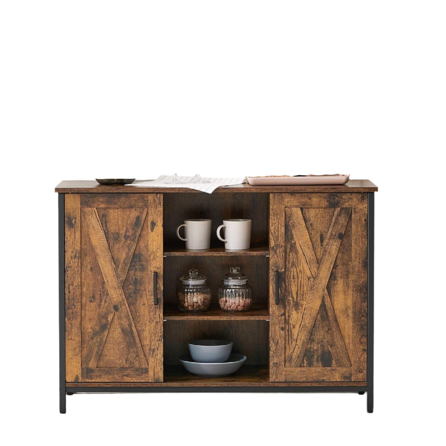 Industrial Sideboard Buffet Table with Barn Doors & Adjustable Shelves – Rustic Brown & Black