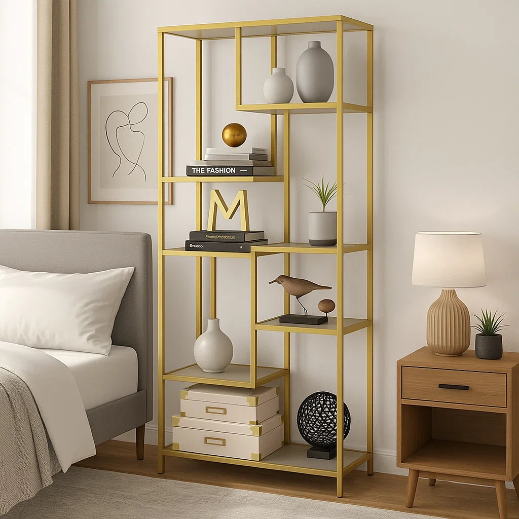 Metallic gold 6-tier tempered glass bookshelf with modern open shelving for books, plants, and decor